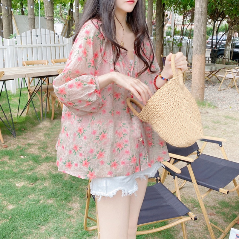 Áo Sơ Mi Vải Lanh Cotton Cao Cấp Dáng Rộng Cổ Chữ V Tay 3 / 4 In Họa Tiết Hoa Phong Cách Hàn Quốc Cho Nữ