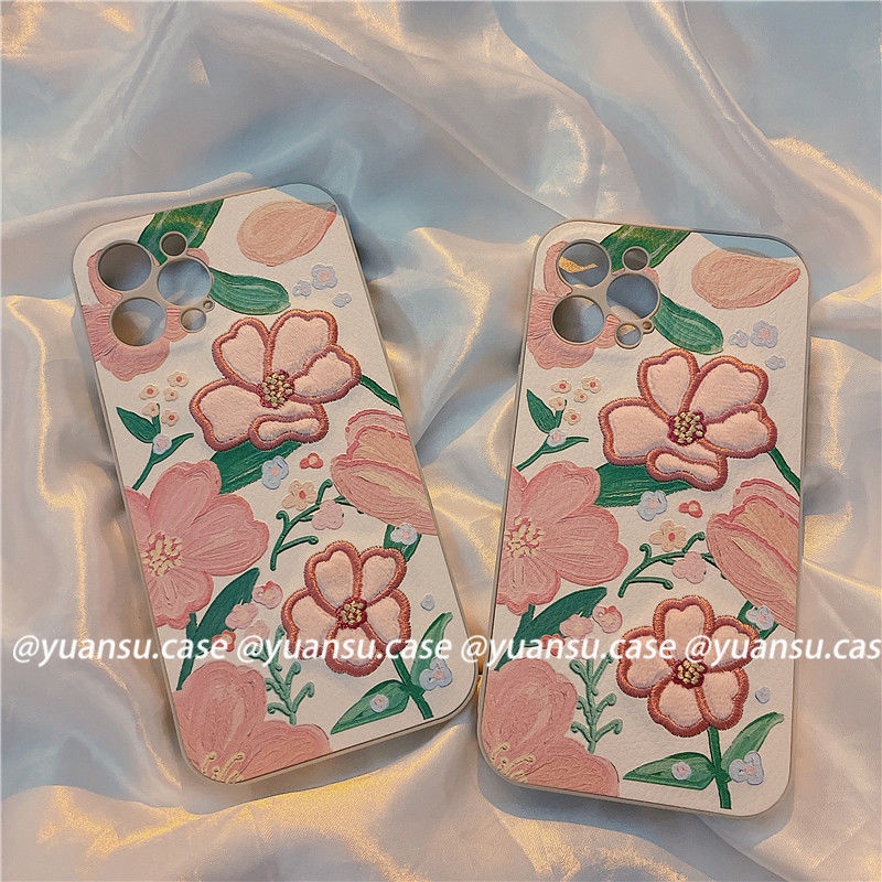 Ốp Điện Thoại Họa Tiết Thêu Hoa Màu Hồng Cho iPhone13promax iPhone 12 iPhone11xr/xsmax