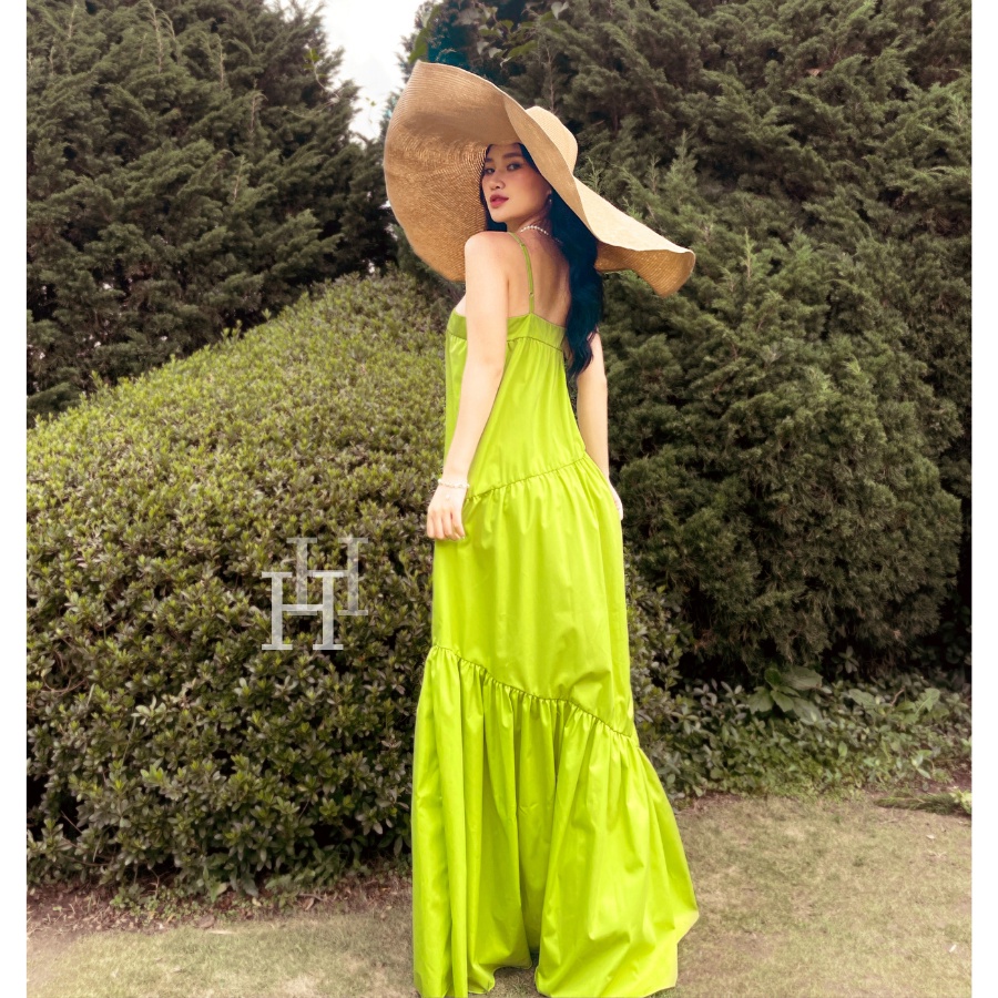 Đầm Babydoll hai dây dài, Váy maxi rộng đi biển màu xanh neon HDC105 Hỉn Hỉn Store