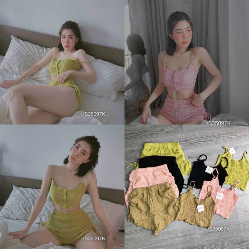 SET NGỦ 2 DÂY SHORT RÚT, SET ĐÙI ÁO 2 DÂY THUN XỐP