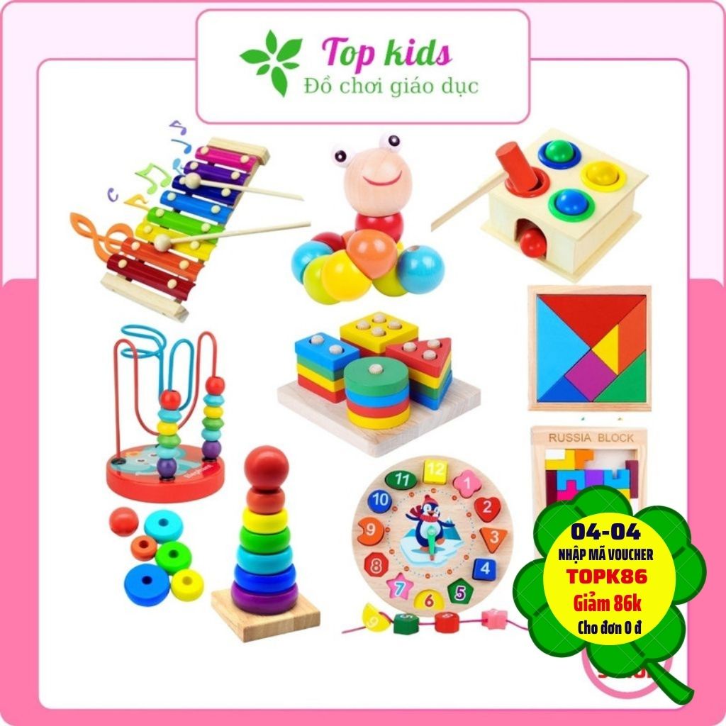 Đồ chơi thông minh cho bé gái bé trai 1 2 3 tuổi montessori, đồ choi cho trẻ bằng gỗ combo 4 5 6 7 8 9 món TOPKIDS