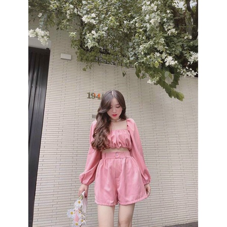 [Sale 9.9 free ship mẫu mới] Set bộ 2 món siêu đẹp với áo kiểu nữ croptop dài tay kèm quần short nữ lưng cao cá tính