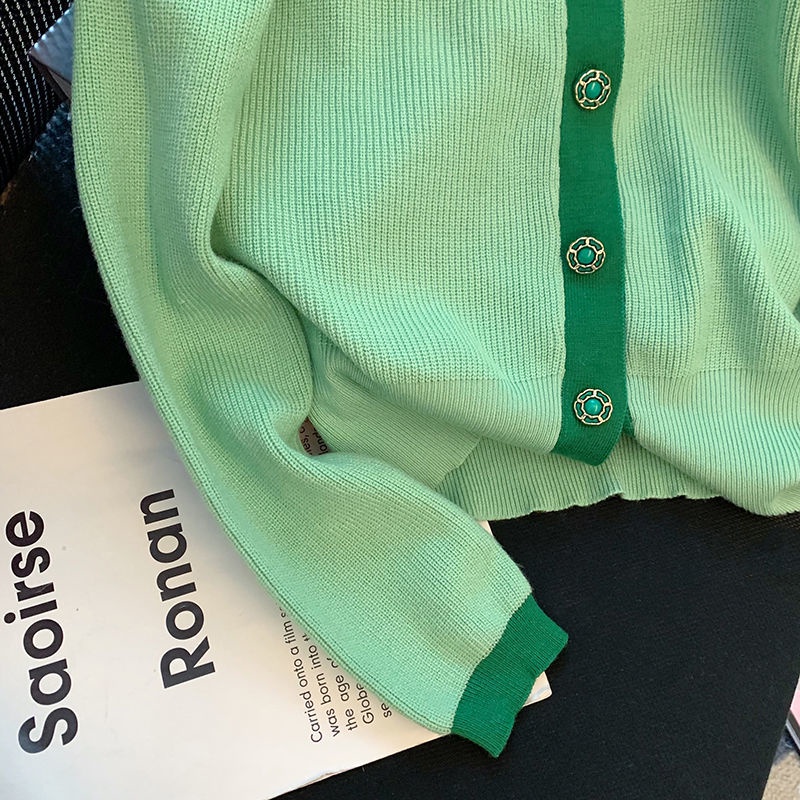 Xiaoxiangfeng Áo Khoác cardigan Dệt Kim Dáng Ngắn Cổ Tròn Màu Xanh Lá Thời Trang Mùa Thu Nhẹ Nhàng Thanh