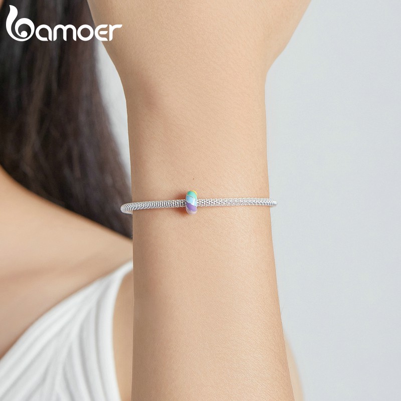 Mặt phụ kiện Bamoer Scc1980 màu cầu vồng bằng bạc 925 lỗ gắn 4.5Mm lót silicon dùng để làm vòng tay DIY