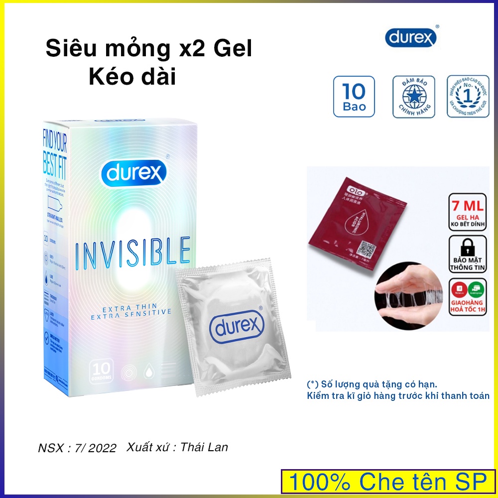 Bao cao su Durex Invisible Extra Thin Sensitve  10 bao. Bcs Durex Siêu mỏng nhiều gel tăng độ trơn và độ múp khi QH.