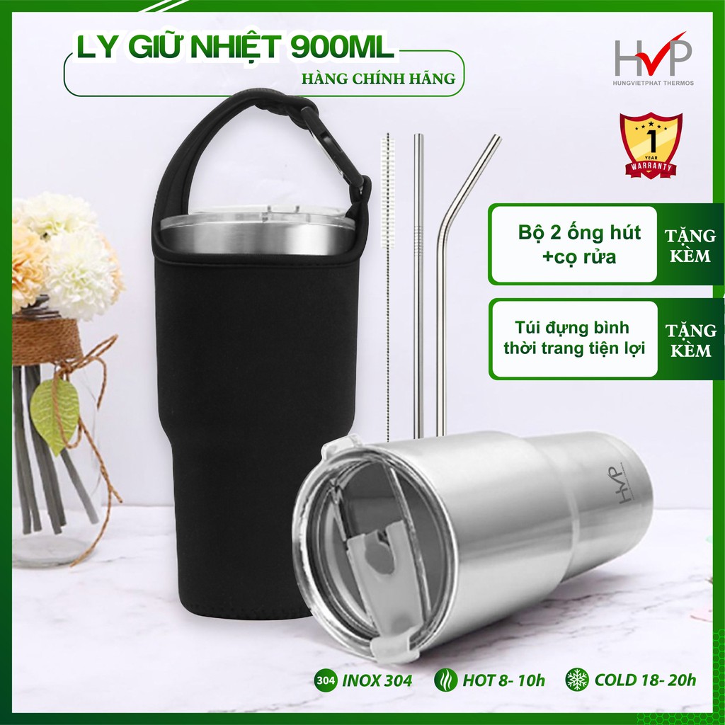 Ly giữ nhiệt 900ml HVP dạng cốc nước, chất liệu inox 304, giữ nóng/lạnh 8h-10h, có tặng kèm ống hút và túi vải - LGN01