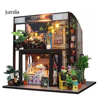 JULA DIY Wooden Miniature Cafe House Dollhouse with Furniture LED Light Toy Gift