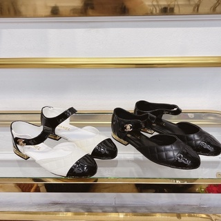 Giày Sandal nữ búp bê chànel mũi tròn bóng trần chỉ quai ngang đế bệt