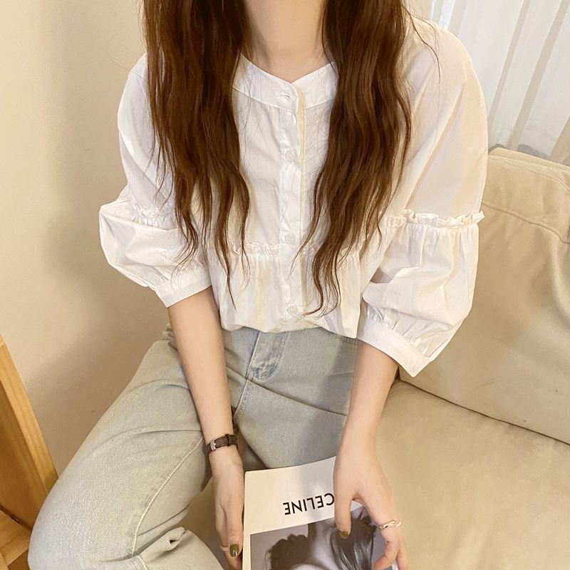 Áo Kiểu Tay Ngắn Màu Sắc Đơn Giản Phong Cách Pháp