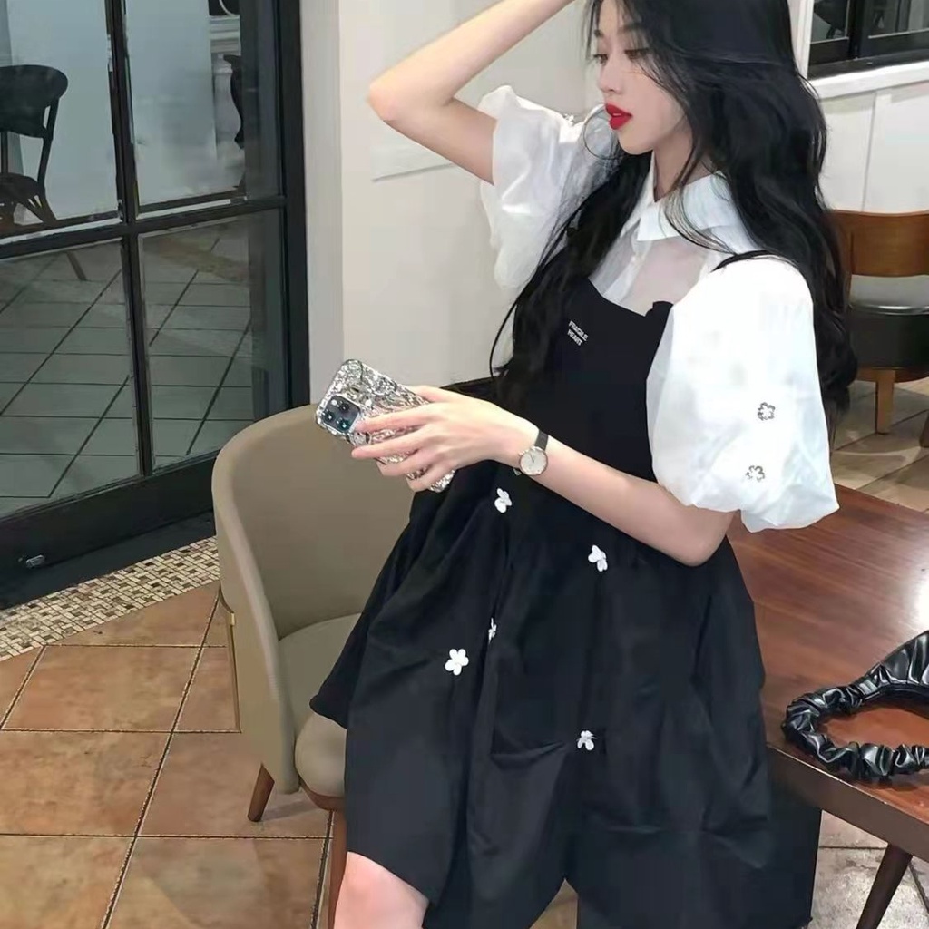Đầm hai dây Perty thiết kế mặc ngoài màu đen phong cách Hàn Quốc đáng yêu đa năng cho nữ