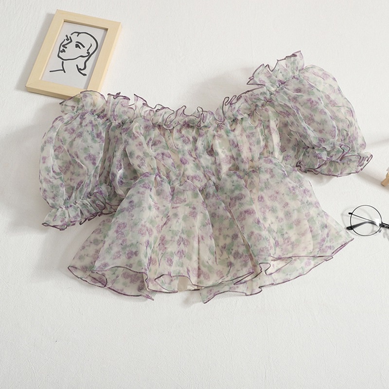 Áo Crop Top Tay Phồng Ngắn Họa Tiết Hoa Phong Cách Hàn Quốc Thời Trang Cho Nữ