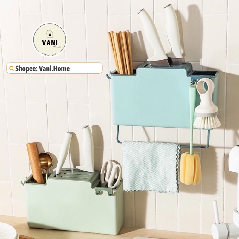 Kệ đựng muỗng đũa dán tường nhà bếp thông minh mẫu mới siêu xịn có ngăn vắt dao, thanh treo khăn, kèm móc treo phụ kiện