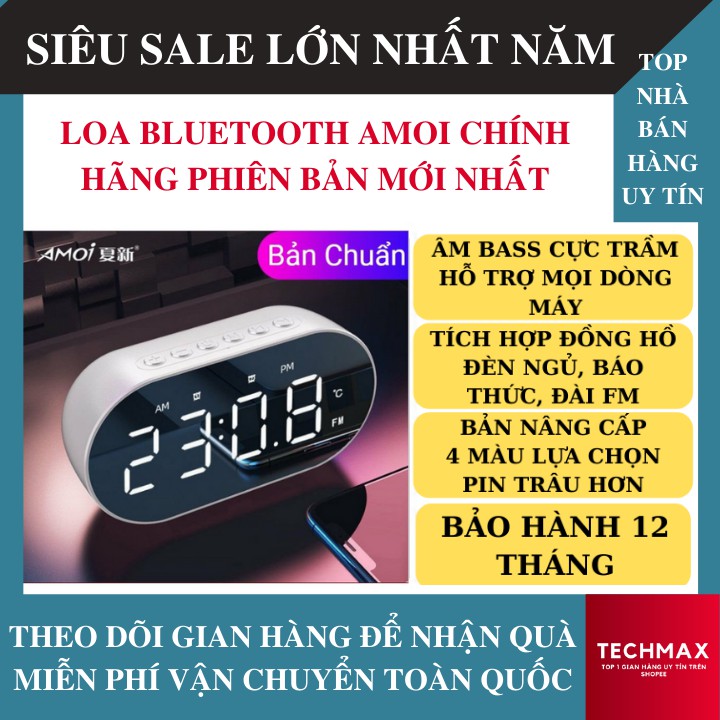 [ Sẵn 4 Màu ] Loa Bluetooth Mini Amoi Phiên Bản Mới Nhất Kiêm Đồng Hồ, Gương, Đo Nhiệt Độ, Đài FM - Loa Đồng Hồ