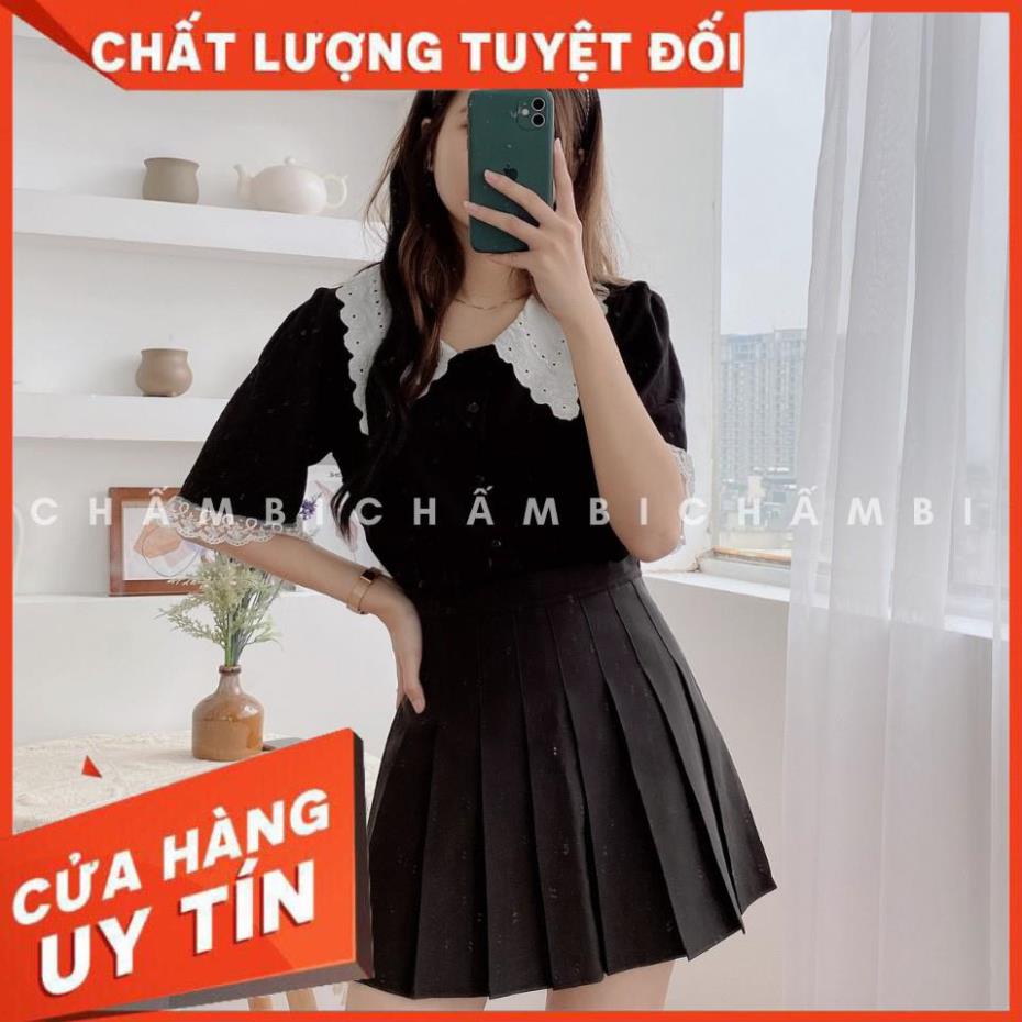 Áo sơ mi kiểu A.175, áo sơ mi hàn quốc cổ ren hoa nhí nhọn cộc tay pha ren xếp ly nhẹ thân hai màu đen trắng ྇