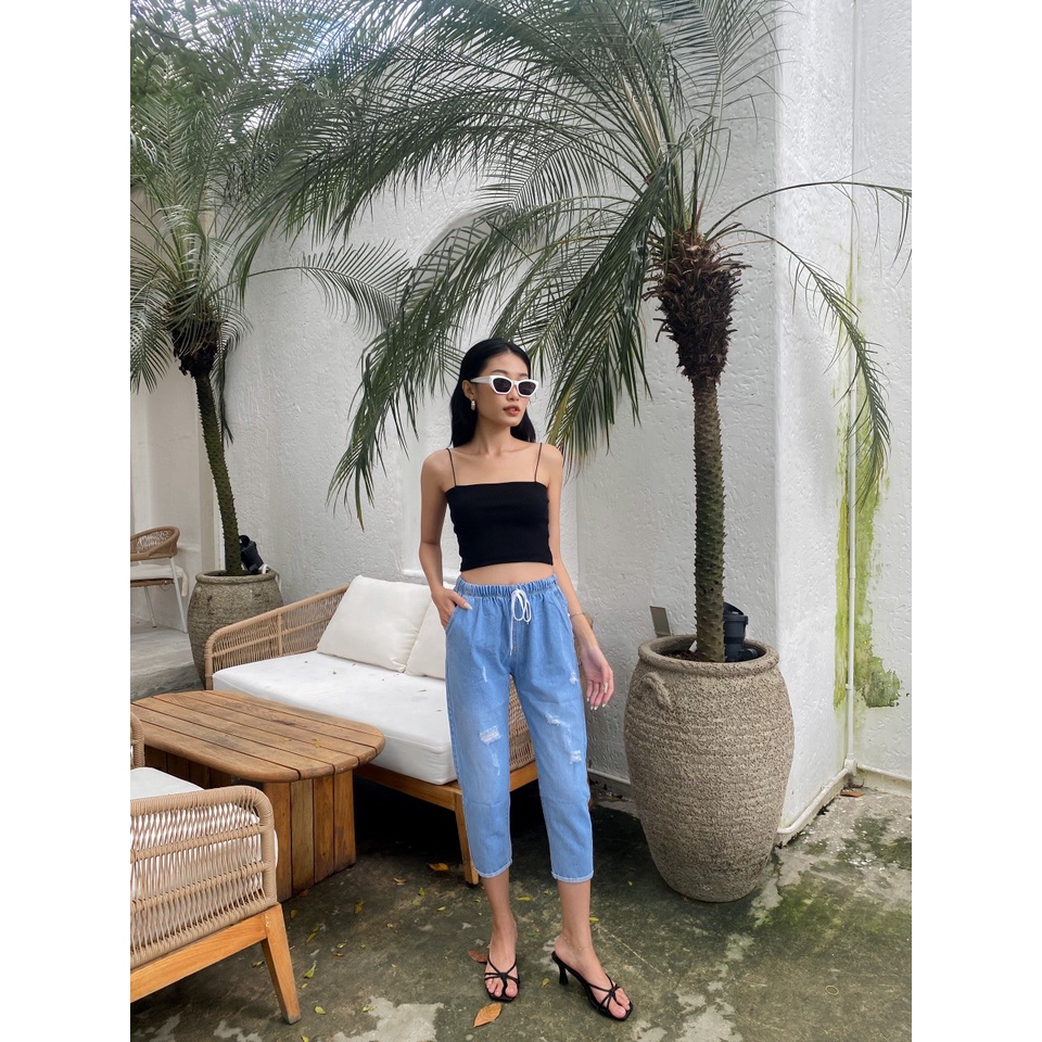 Quần jean baggy lưng thun gập lai cào xước