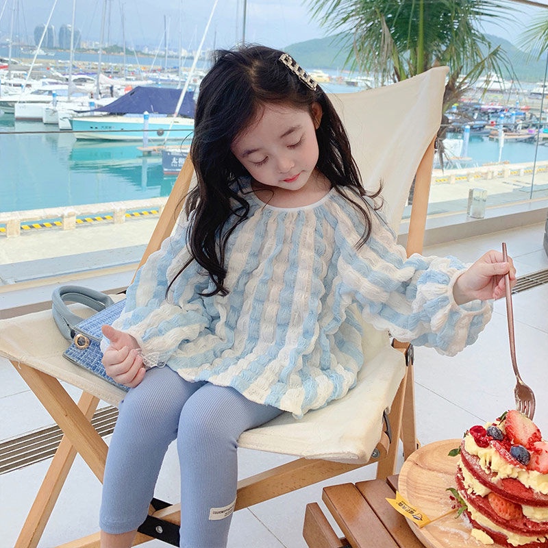 Áo Sweater Mỏng Tay Phồng Màu Xanh Sữa Phong Cách Mới 2022 Cho Bé Gái
