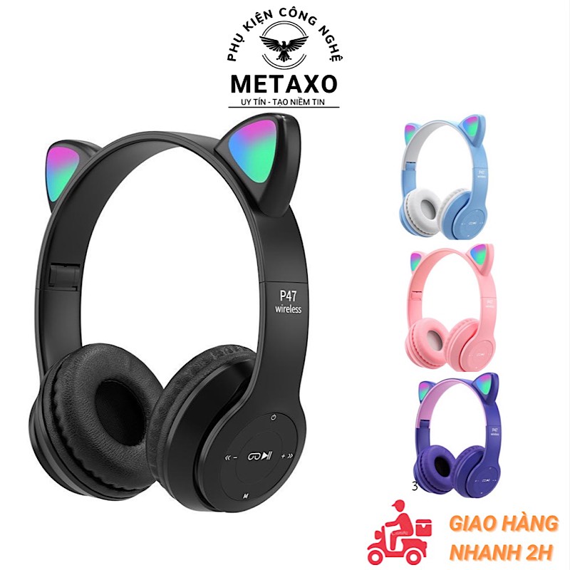 Tai Nghe Mèo Bluetooth P47 , Headphone Tai Mèo Dễ Thương Có Mic,Âm Bass Mạnh Mẽ Và Dung Lượng Pin Khủng 400mAh