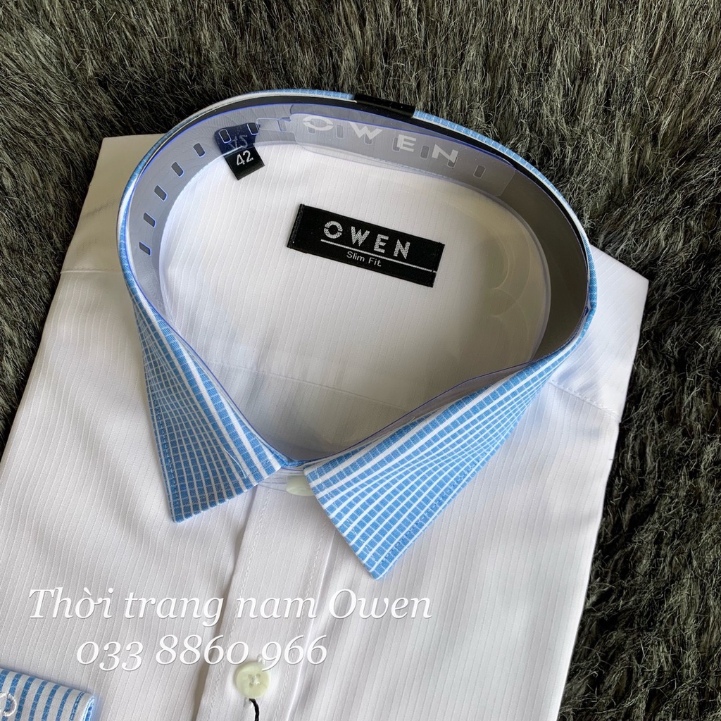 OWEN - Áo sơ mi dài tay Owen Slimfit chất sợi tre màu trắng sọc xanh 23305