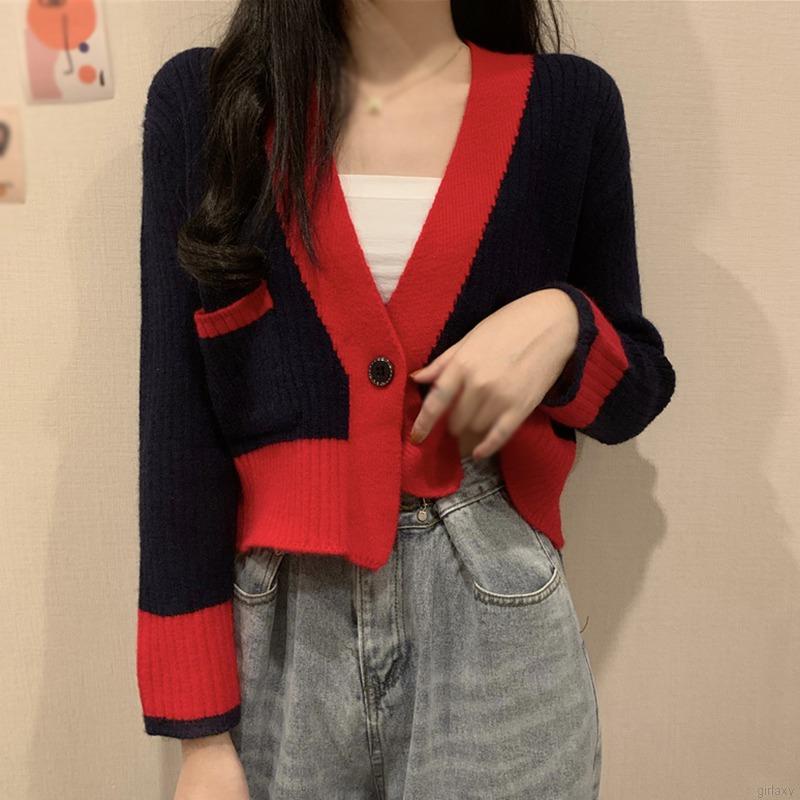 Áo Khoác Cardigan Dệt Kim Tay Dài Phối Màu Tương Phản Phong Cách Retro Hàn Quốc Cho Nữ