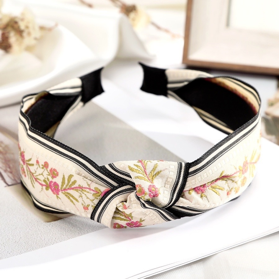 Băng đô cài tóc bản rộng thắt nút thêu họa tiết hoa lá phong cách Hàn Quốc retro thời trang dành cho nữ