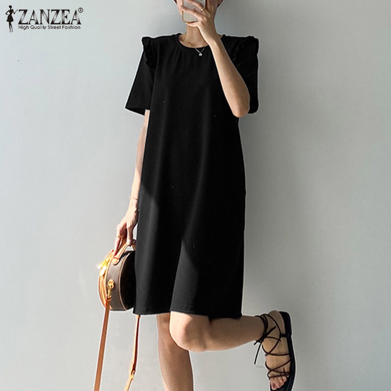 ZANZEA Đầm Tay Ngắn Cổ Tròn Thời Trang Dành Cho Nữ