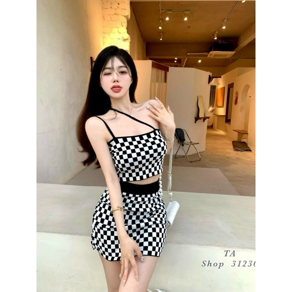 Set Váy Len Kẻ Ô Chéo Dây Ngực Mix Chân Váy A Ngắn Cá Tính V061