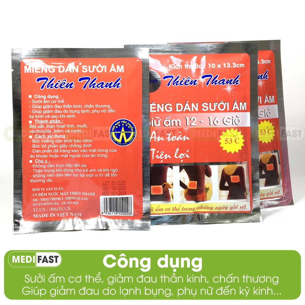 Miếng dán sưởi Thiên Thanh - chườm ấm mùa đông, giảm đau thần kinh, đau bụng, đau bụng kinh - Túi 1 miếng