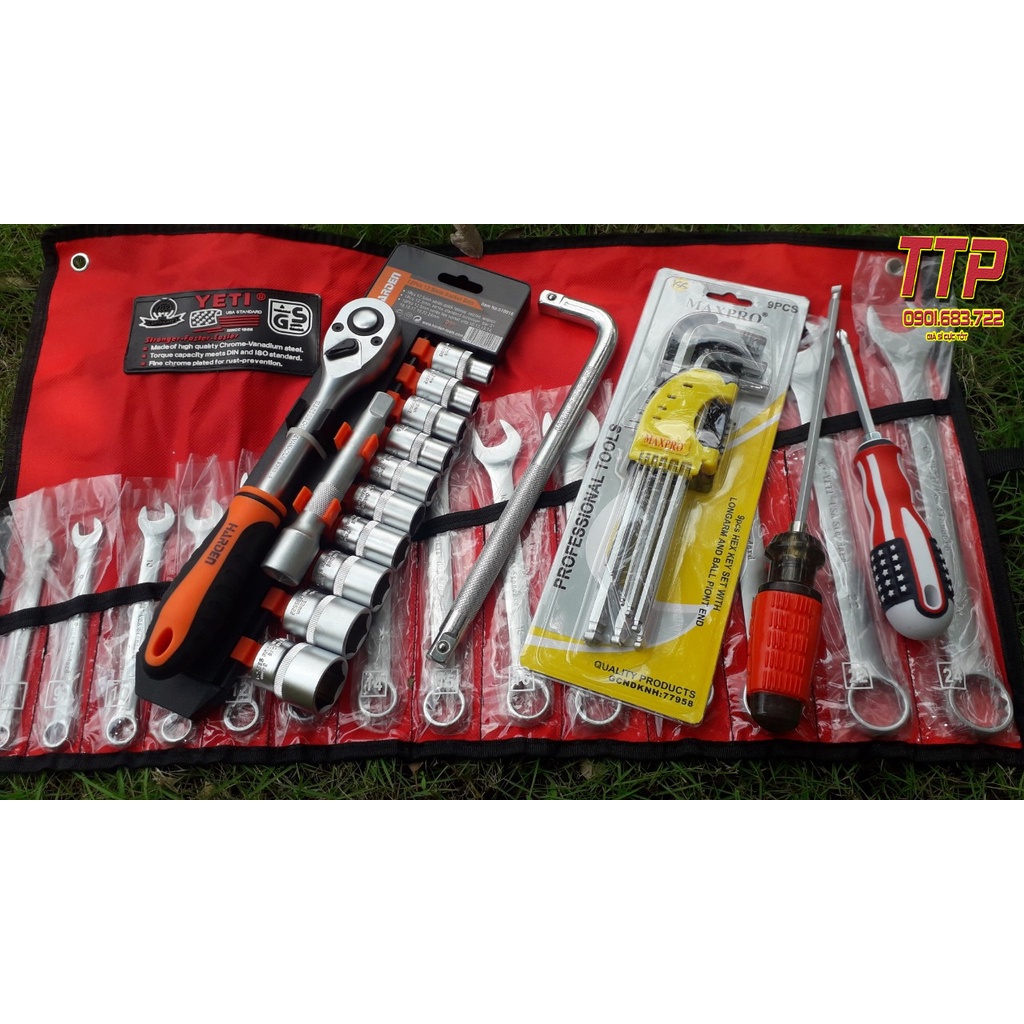 Combo dụng cụ đồ nghề 38 món (Bộ Chìa khóa Yeti + Bộ tuýp 12 món Harden + Cần L + Tuvit + Bộ lục giác bi)