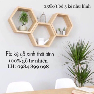 Bộ 3 kệ gỗ treo tường Hình Lục Giác Mộc (B3KGTTHLGM)