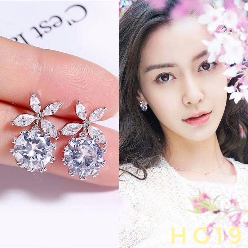 Bông Tai Bạc Đá Cỏ 4 Lá Treo Nụ Đá 8mm Bạc Ta Siêu Xinh Cho Chị Em