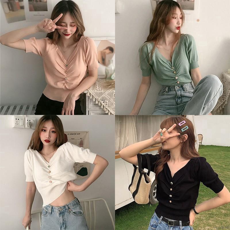 Áo Croptop Dệt Kim Tay Phồng Thiết Kế Cổ Chữ V Quyến Rũ