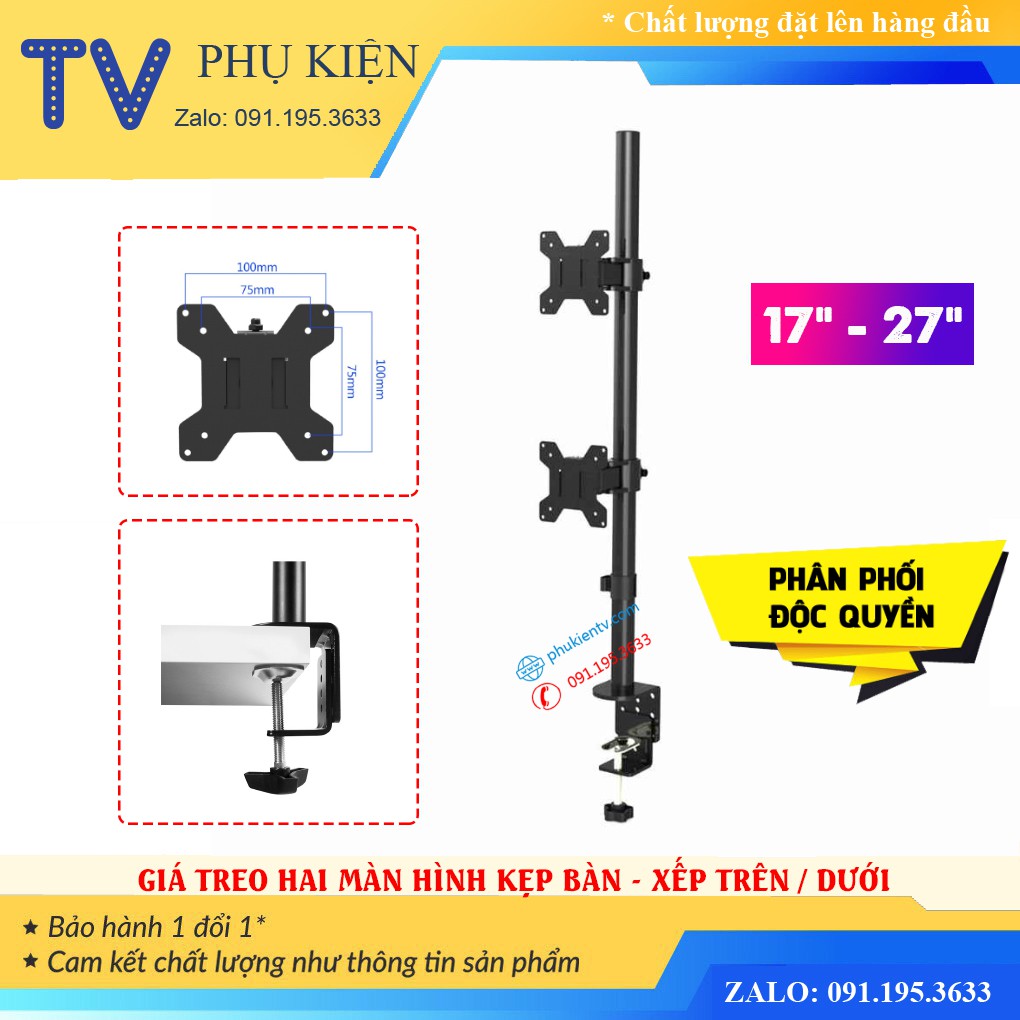 [Xếp Màn Trên / Dưới] Giá Treo Hai Màn Hình Máy Tính 17 - 27 Inch Kẹp Bàn - Tay Đỡ Màn Hình Xoay 360 Độ - Model: XGS-02