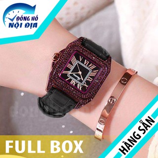 Đồng Hồ Nữ Dimini mặt vuông đính đá tím dây da đen độc đáo quyến rũ