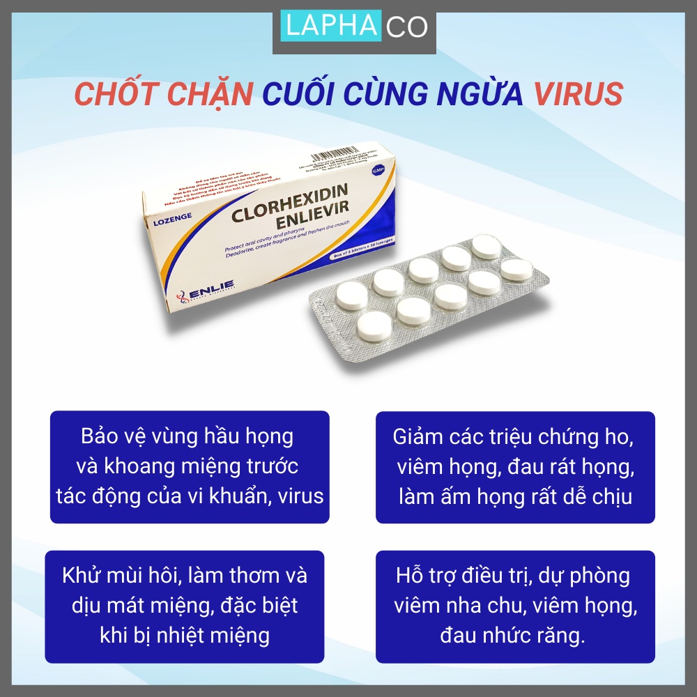 Viên ngậm Clorhexidin Enlievir hỗ trợ bảo vệ hầu họng, giảm ho, giảm mùi hôi, tạo cảm giác the mát dễ chịu hộp x 30 viên