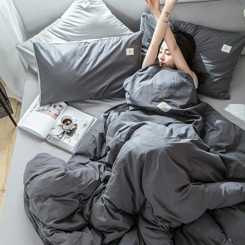 Set Chăn Ga Cotton TC Ghi Đậm Phối Ga Xám Nhạt Hàng Chuẩn Xuất Nhật