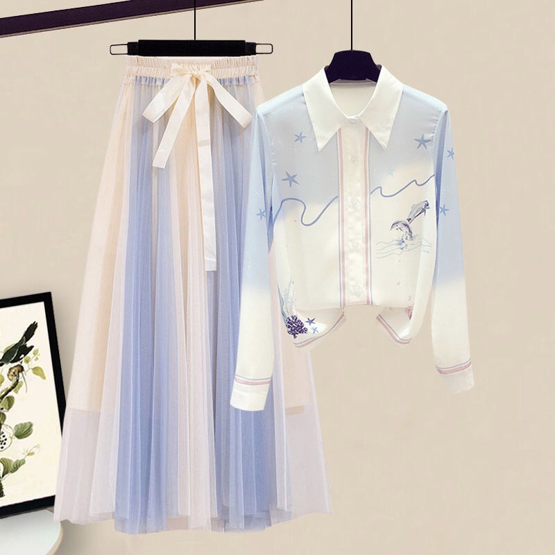 Bộ Áo Sơ Mi Dáng Rộng + Chân Váy Phong Cách Phương Tây Thời Trang 2022 Plus Size 07.28