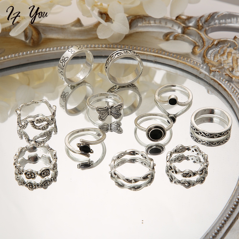 Bộ nhẫn AY đính đá quý màu đen phong cách cổ điển thời trang cho nữ (có bán lẻ)