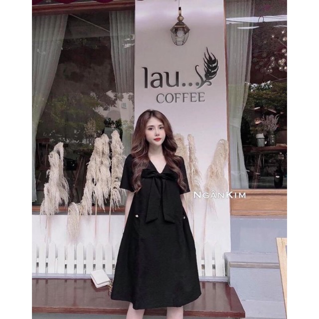 Váy suông thắt nơ 2 túi chất đũi xinh xắn