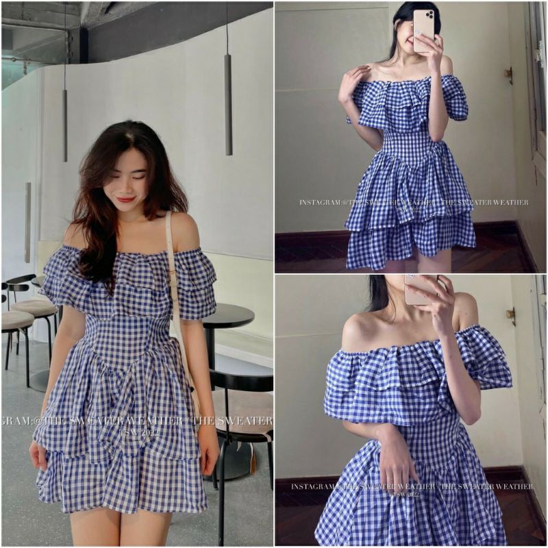 [RẺ VÔ ĐỊCH] Váy trễ vai kẻ caro xanh tiểu thư phong cách Hàn Quốc