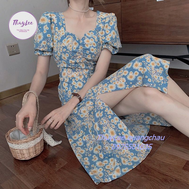 Đầm Tay Ngắn Cổ Vuông Họa Tiết Hoa Cúc Thời Trang Cao Cấp Xuất Hàn | BigBuy360 - bigbuy360.vn