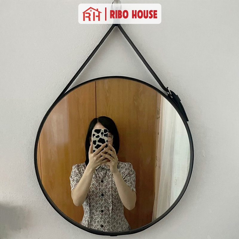 Gương trang điểm RIBO HOUSE chất liệu dây da, gương tròn trang trí phòng ngủ nhà tắm decor quán cafe nails RIBO41