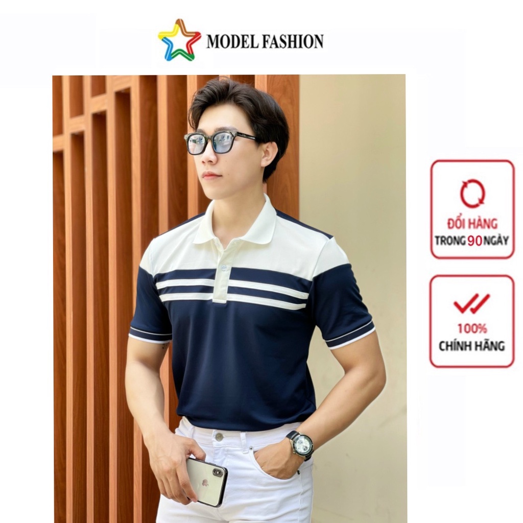 Áo Thun Cổ Trụ Xanh Đen Sọc Kẻ Trắng Trước Ngực Thời Trang Nam MODLE FASHION