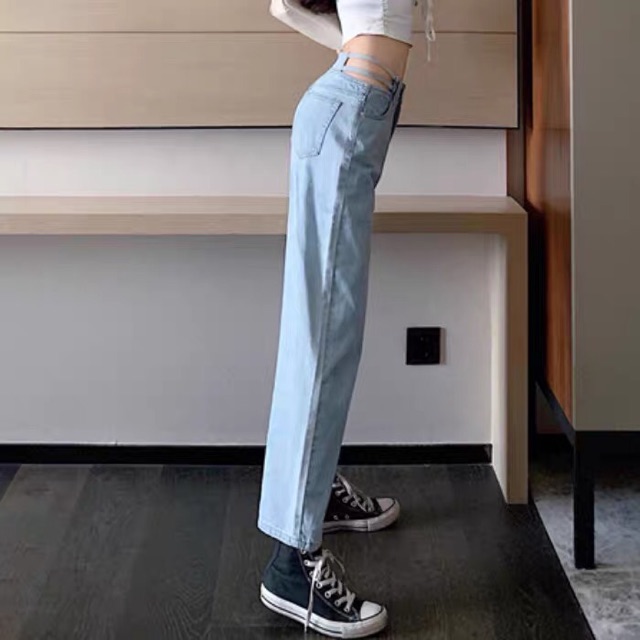 Quần Jeans Ống Suông Xẻ Sọc Eo Tôn Dáng ✨