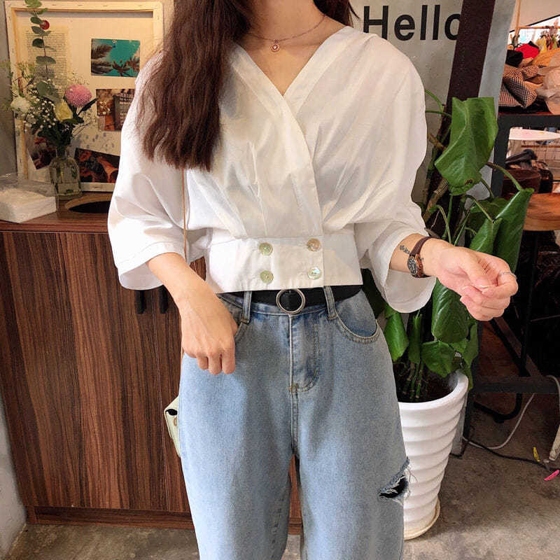 Áo Sơ Mi BH Trắng Cổ Chữ v Thời Trang Dành Cho Nữ