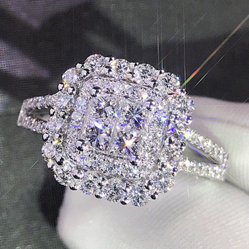 S925 Nhẫn bạc sterling 925 R1101 khảm kim cương nhân tạo tám hàng nổi bật dành cho bạn nữ