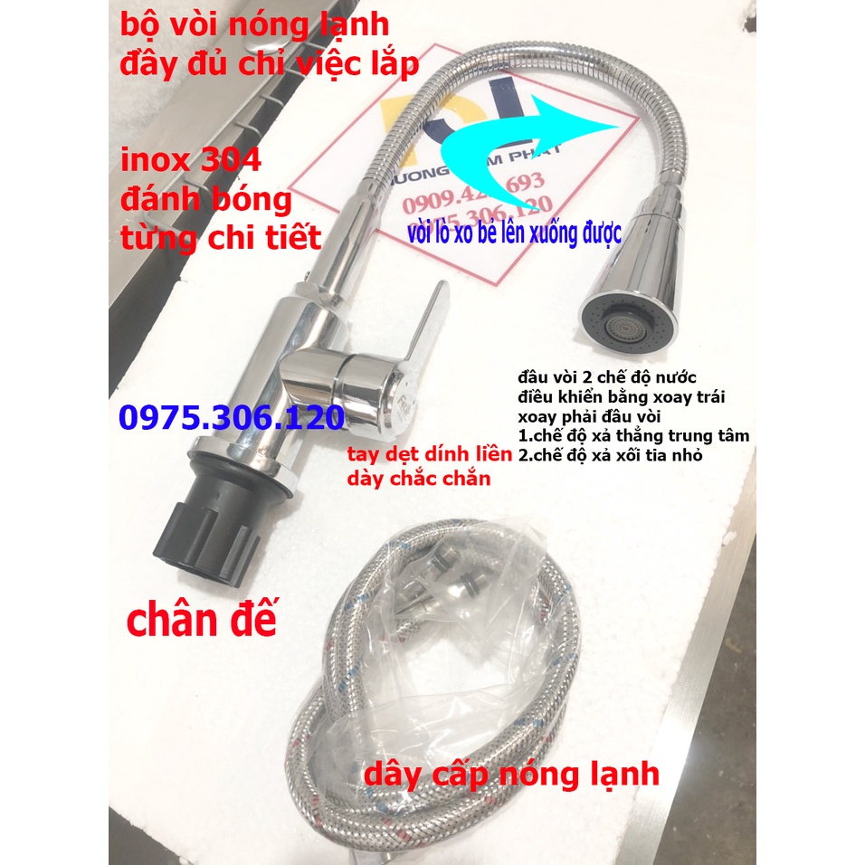 [INOX 304 ĐÁNH BÓNG] Vòi Rửa Chén Bát Nóng Lạnh đồng thau mạ crom lò xo bẻ được mọi vị trí N4010 Fotar và 2 dây