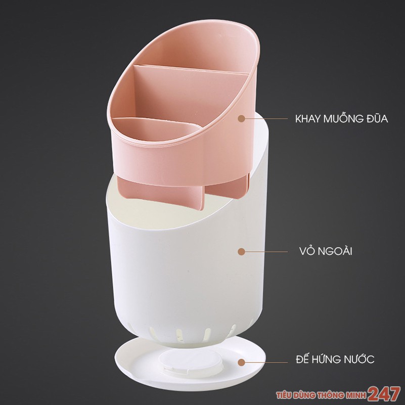 Ống đựng đũa muỗng nhựa PP có khay thoát nước  FREESHIP  4 màu sắc pastel ngọt ngào, dễ dang vệ sinh, chống ẩm mốc