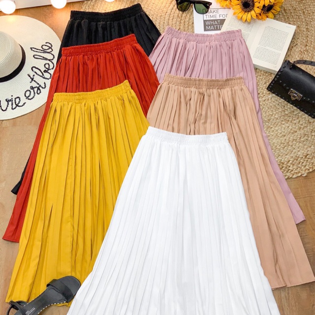 Chân váy midi trơn xếp ly