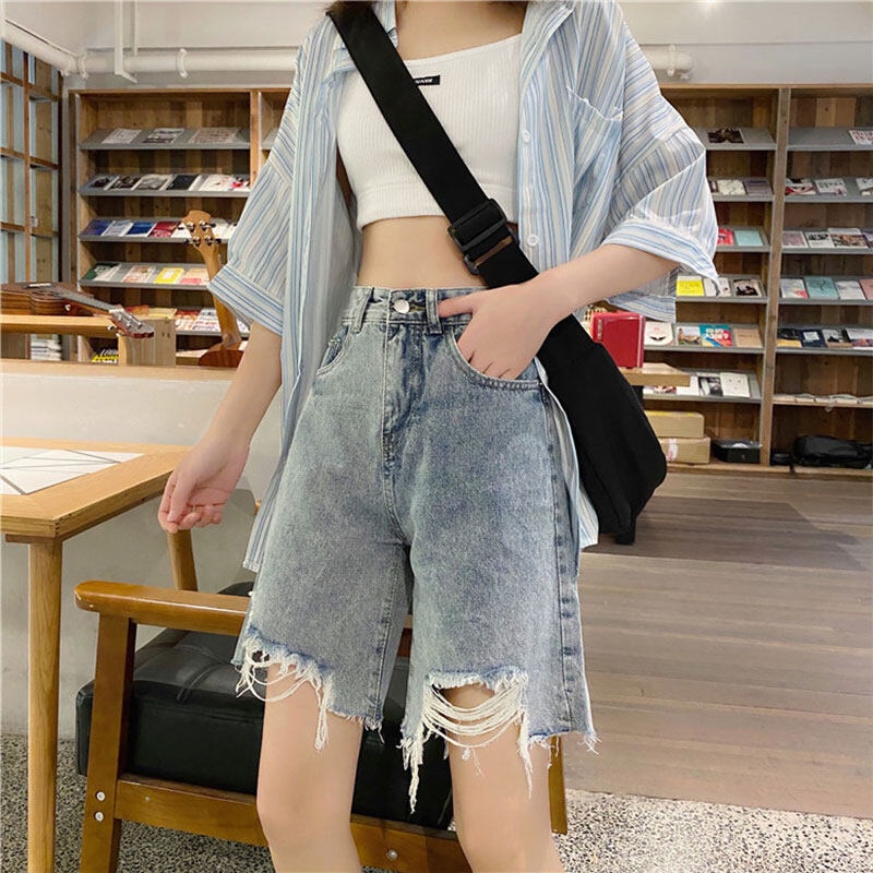 Quần short denim YEYA rách lưng cao ống rộng thời trang mùa hè cho nữ