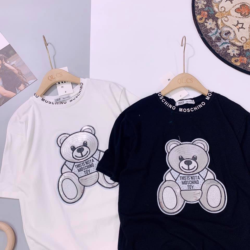 Áo Phông Nữ Phom Rộng , Áo Pull Gấu Đính Kim Sa Siêu Hót Chất Mát Mịn Co Dãn 4 Chiều